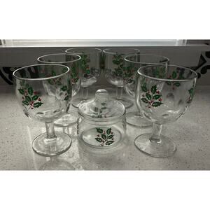 Vintage Bartlett-Collins Thumbprint Holly Pattern Goblets Set of 6 Mid Century